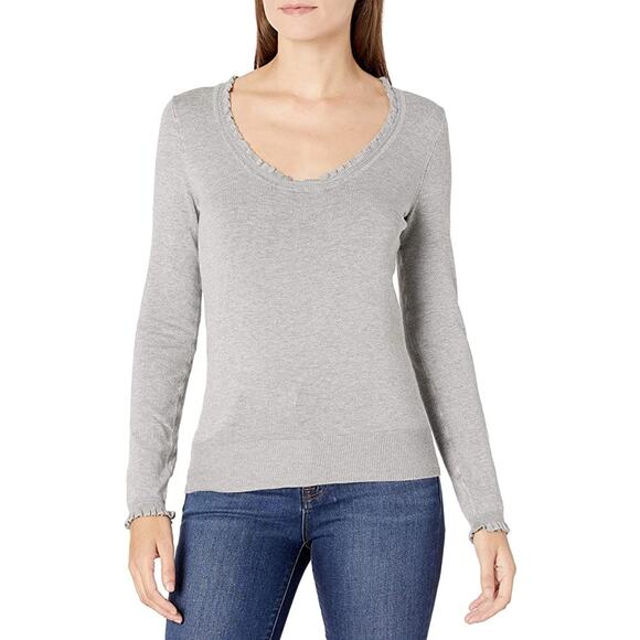 Max Studio Ruffle Scoop Neck Long Sleeve Knit Pullover Sweater Gray size S NWOT - Picture 2 of 12